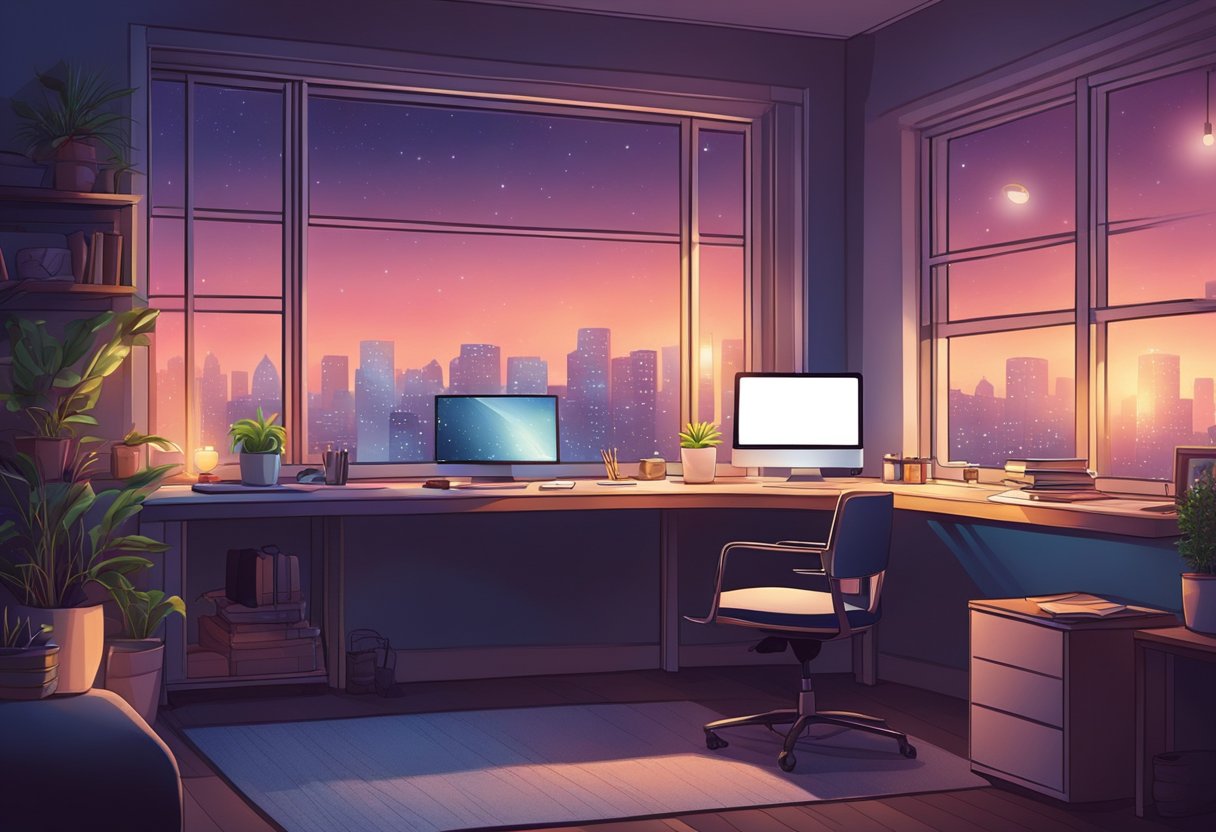 A cozy bedroom with a desk, computer, and comfortable chair. A view of city lights through the window, symbolizing remote career success and high-paying jobs