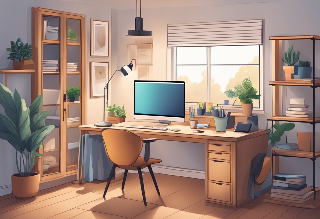 A cozy home office with a computer, phone, and desk organizer. A person is working comfortably from home