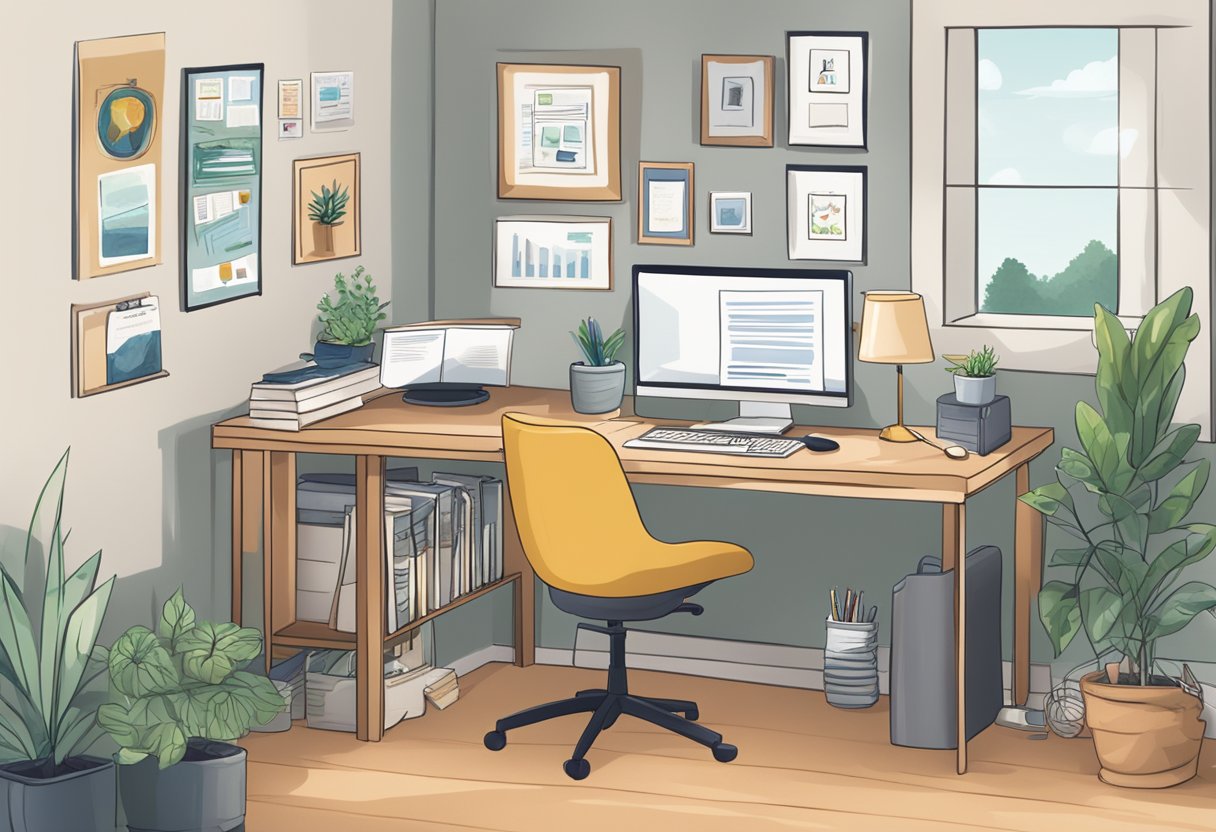 A cozy home office with a computer, desk, and chair. A sign reads "Legitimate Work From Home Opportunities". Various job listings are displayed on the computer screen