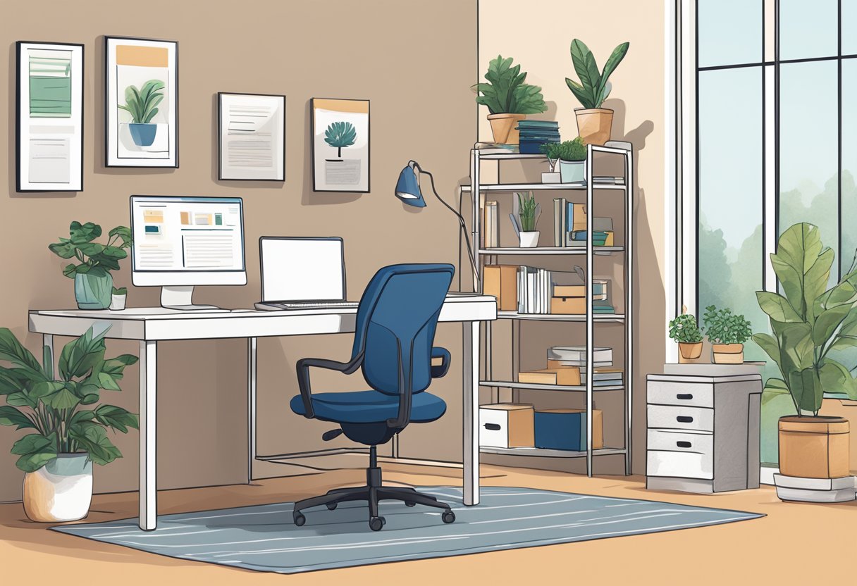 A cozy home office setup with a computer, desk, chair, and a plant. A laptop open with a resume on the screen