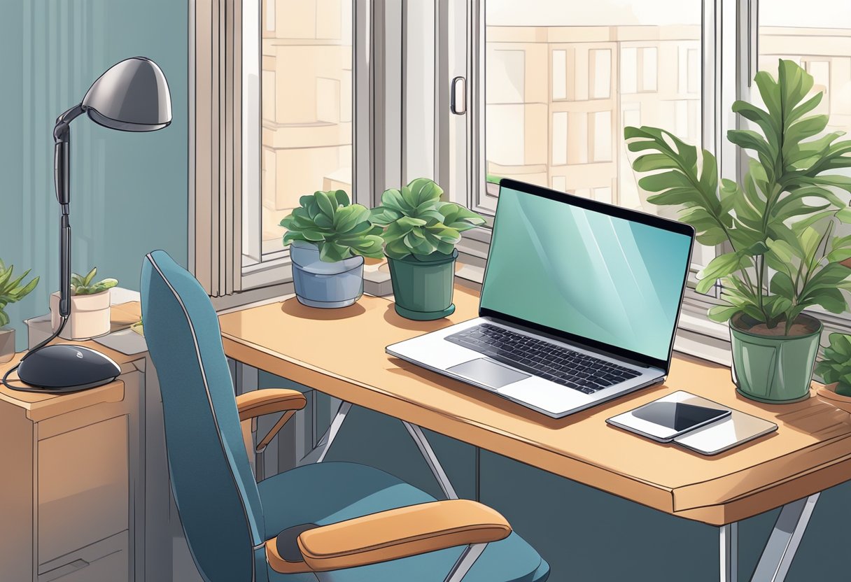 A laptop, smartphone, and headset are arranged on a desk with a comfortable chair. A window with natural light and a potted plant add to the cozy work-from-home setting