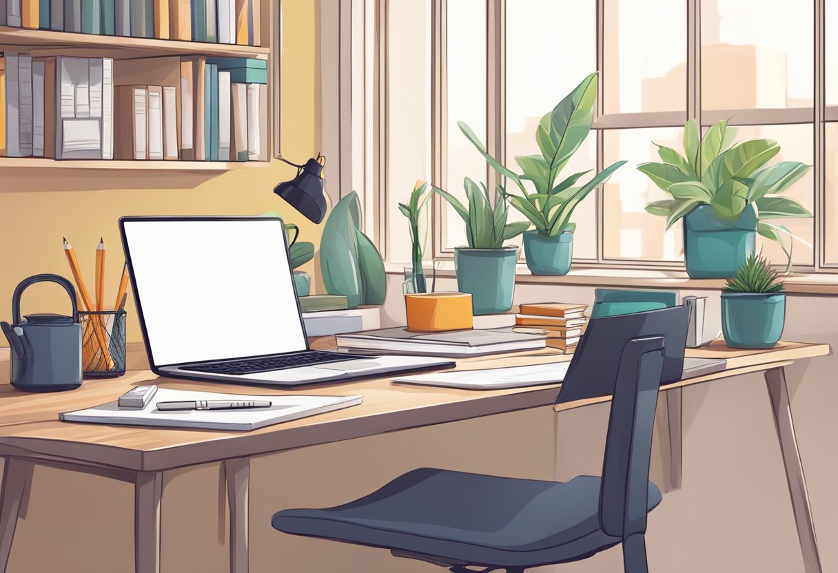 A cozy home office with a laptop, smartphone, and notepad. A calendar on the wall shows flexible work hours. A stack of books on freelancing sits on the desk