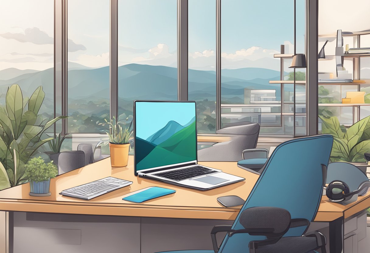 A laptop on a desk with a comfortable chair, surrounded by modern technology and a view of a peaceful, home office setting