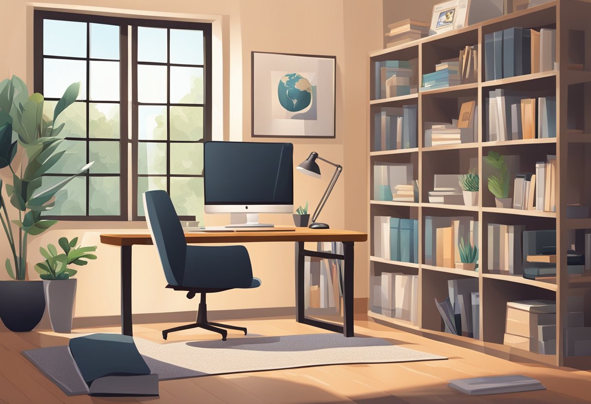 A cozy home office with a computer, phone, and comfortable chair. A bookshelf filled with reference materials and a window with natural light