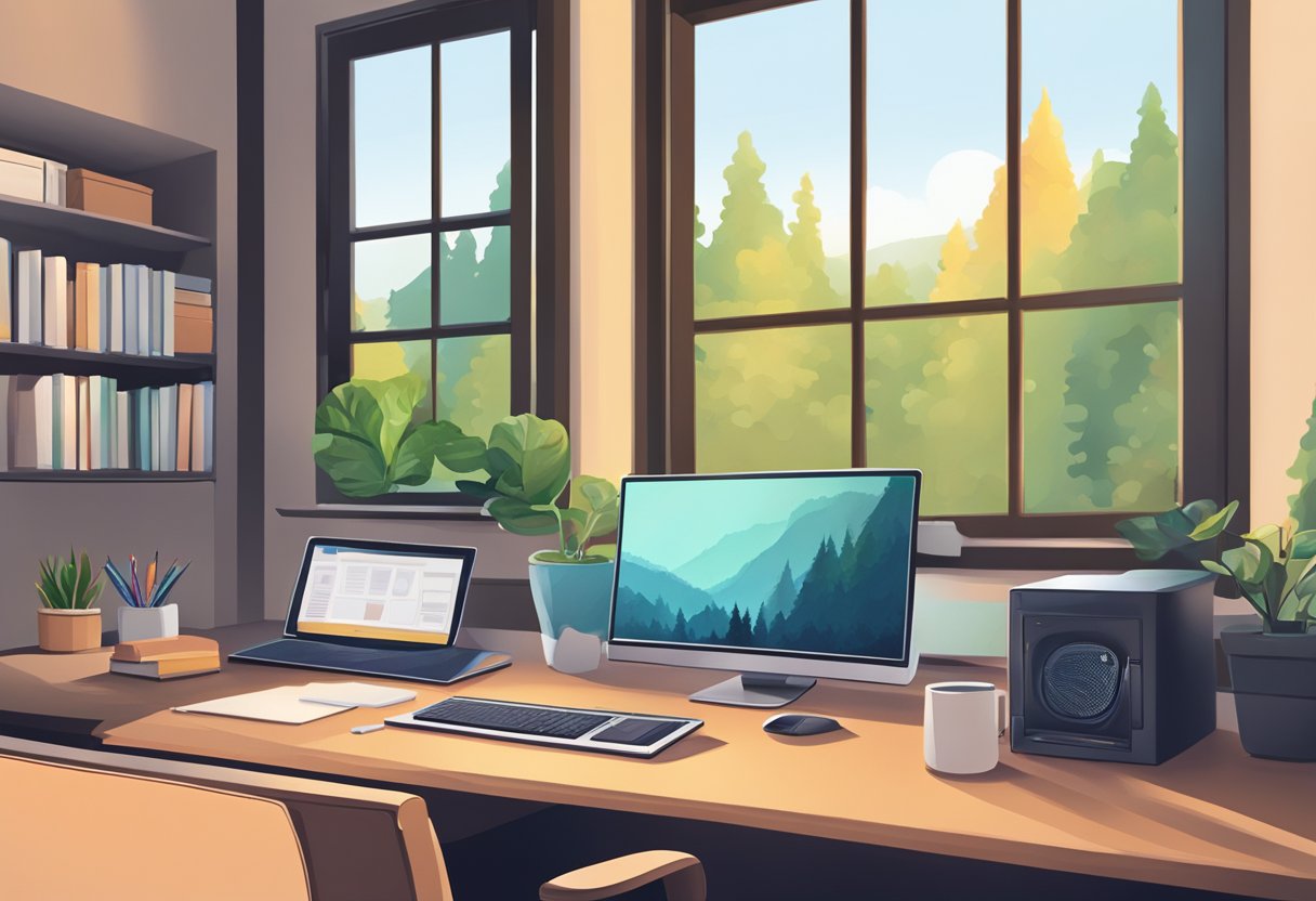 A cozy home office with a computer, desk, chair, and a view of nature through a window. A phone and notebook sit on the desk, indicating a remote business