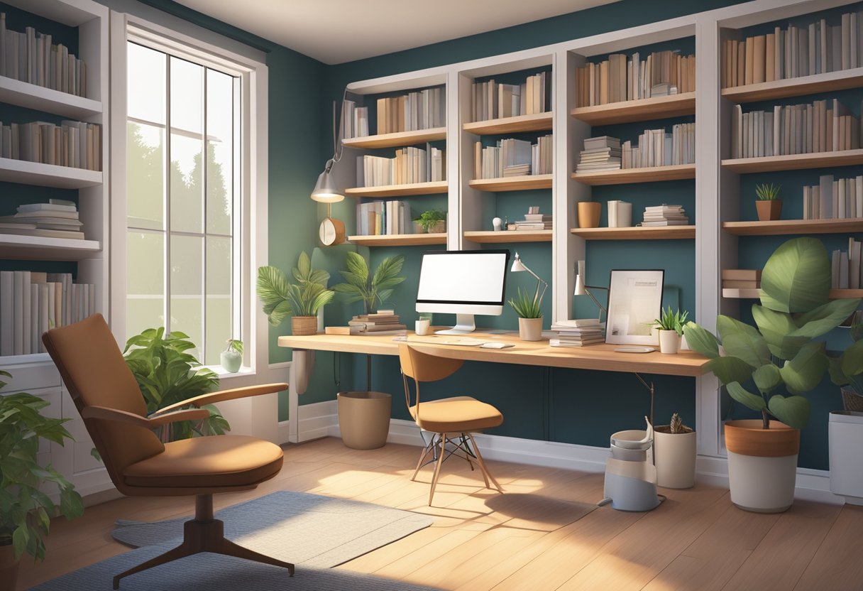 A cozy home office with a desk, computer, and comfortable chair. A shelf with books and a plant adds warmth to the space. A window provides natural light and a view of the outdoors