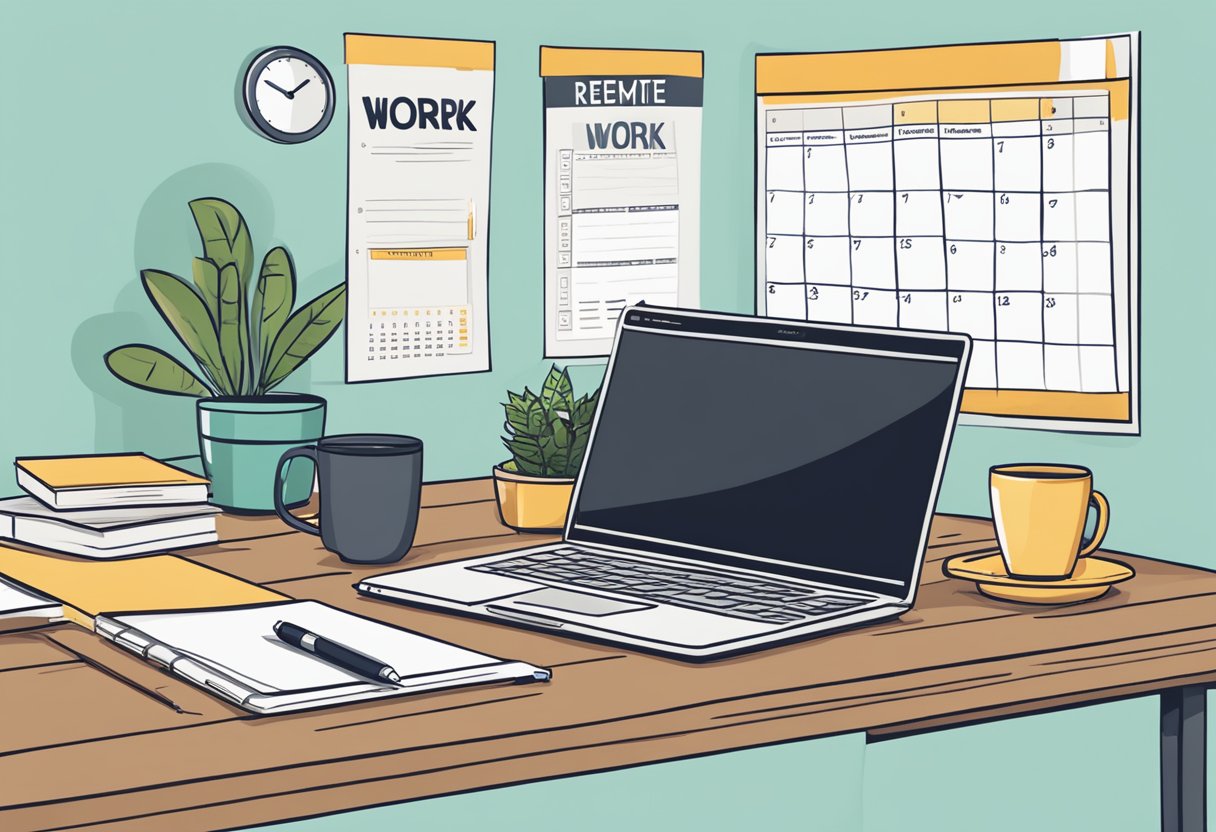 A laptop sits on a wooden desk with a cup of coffee nearby. A calendar and a notepad with a pen are open, displaying the words "Remote Work Opportunities" and "How To Get remote & contract Jobs Through a Staffing Agency."