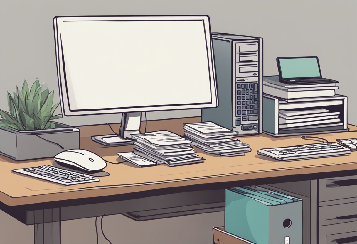 A computer with a keyboard and mouse sits on a desk, surrounded by a stack of resumes and a phone. A sign on the wall reads "Remote & Contract Jobs Available."