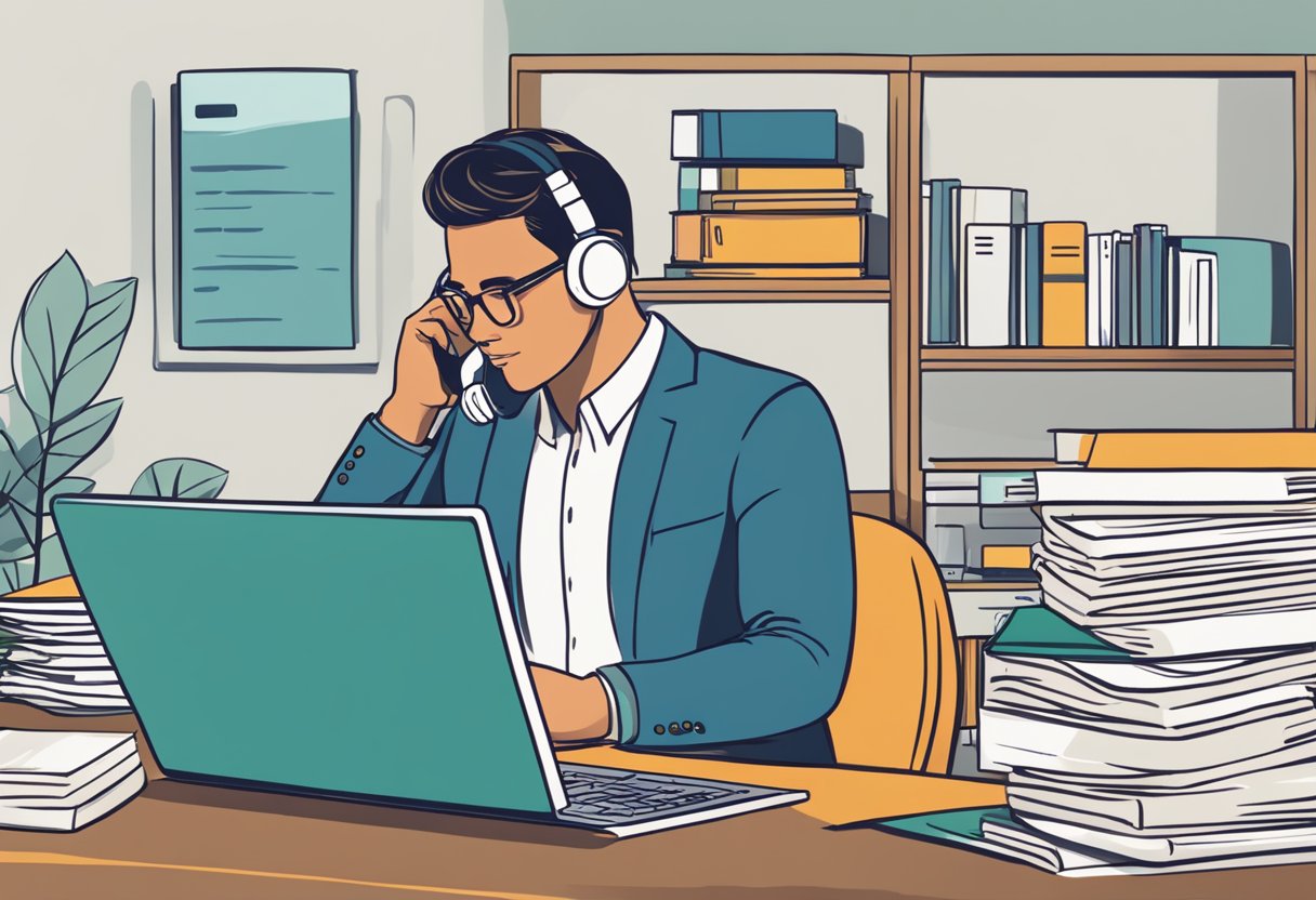 A person at a desk, talking on the phone and typing on a laptop. A stack of resumes and a calendar on the desk. A sign on the wall reads "Remote & Contract Jobs Available."