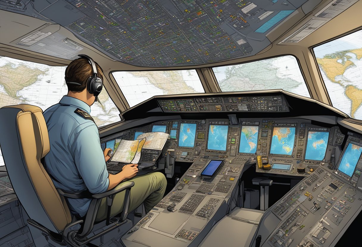 Pilots browsing top aviation job sites on a computer, surrounded by aviation charts and maps