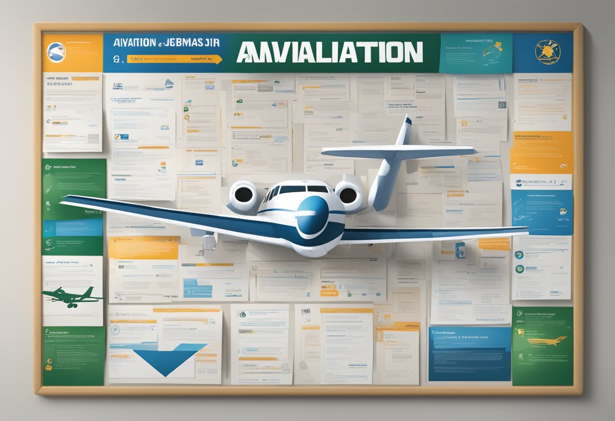 A bulletin board covered in aviation job postings with logos of top aviation companies and a search bar for pilots