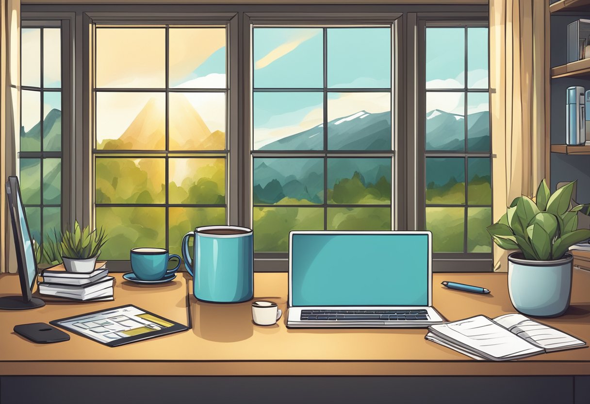 A home office with a laptop, phone, and notebook on a desk. A calendar with marked deadlines and a coffee mug. A window with a view of nature