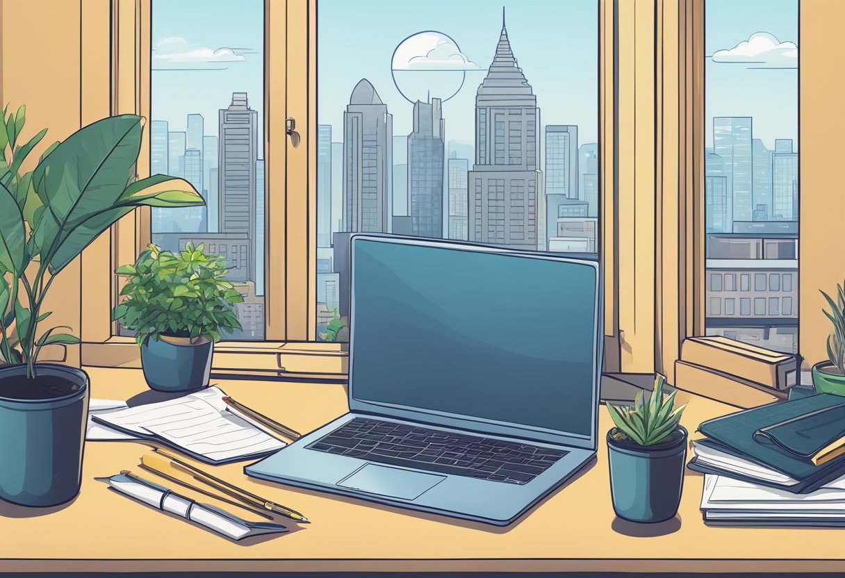 A laptop surrounded by a variety of office supplies, a plant, and a calendar, with a window in the background showing a city skyline