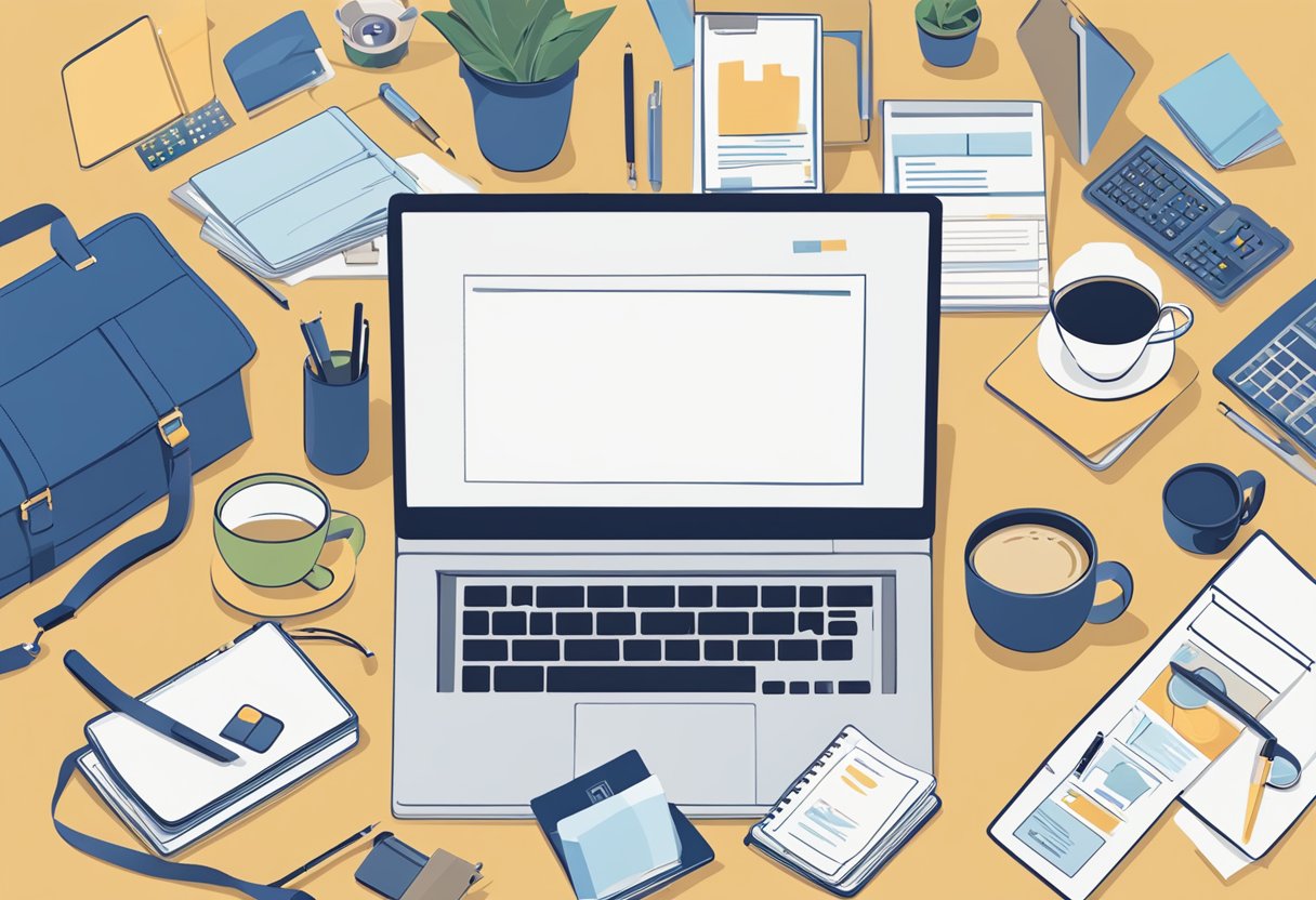 A laptop surrounded by various business-related items, such as a briefcase, charts, and a cup of coffee. A remote work environment is depicted, with a focus on marketing careers for business majors