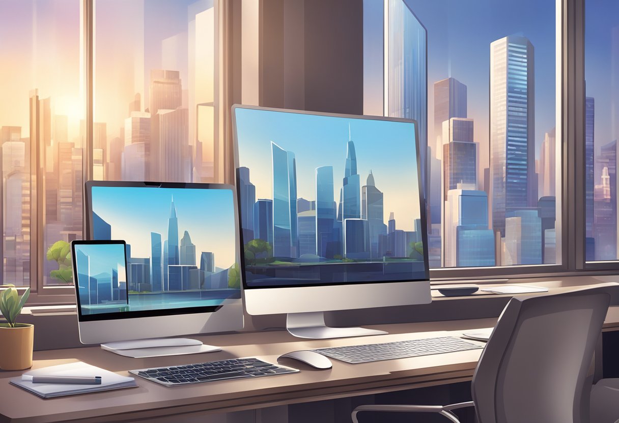 A laptop, smartphone, and tablet are arranged on a sleek desk with a comfortable chair. The room is bright and modern, with large windows and a city skyline in the background