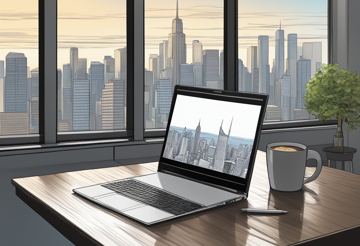 A laptop with a sleek design sits on a modern desk, surrounded by a notepad, pen, and a cup of coffee. A large window offers a view of a city skyline in the background