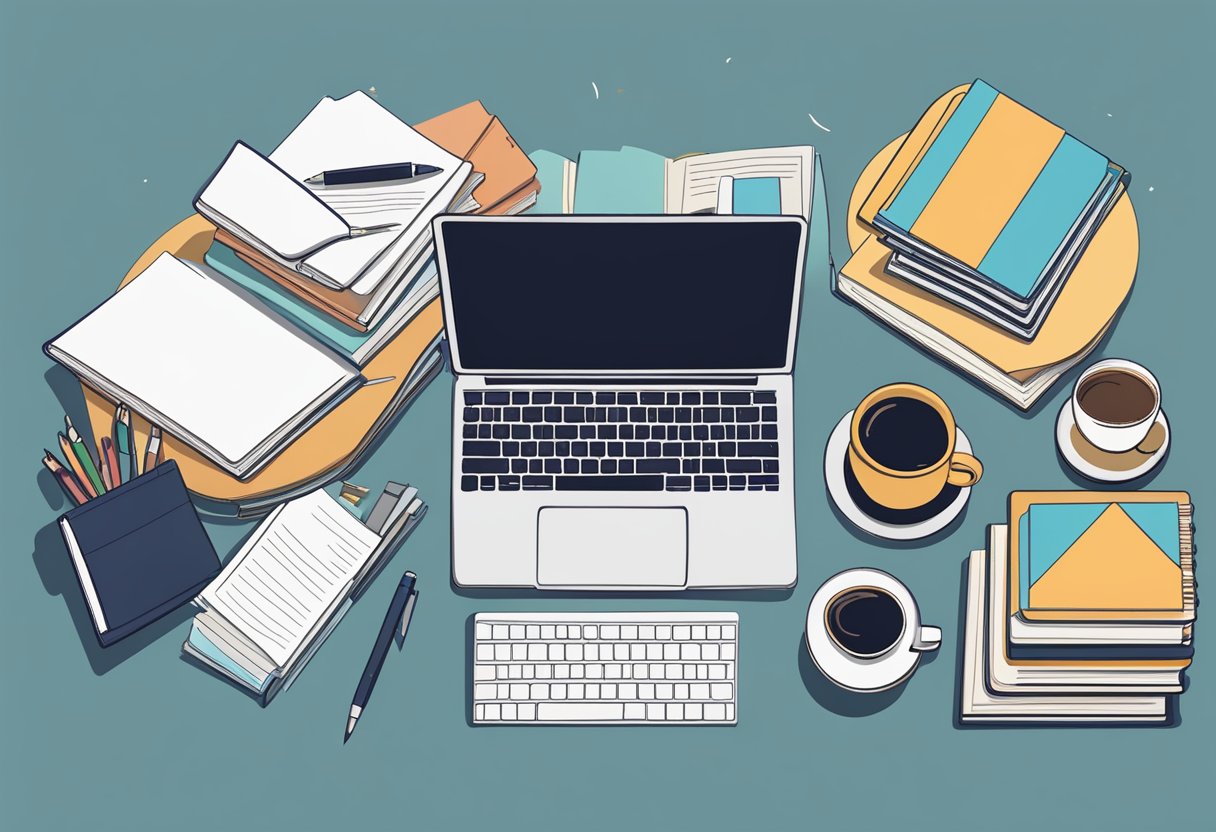 A laptop surrounded by books, a notepad, and a cup of coffee. A person's hand holding a pen, taking notes on a virtual meeting