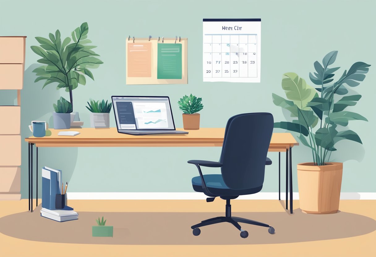 A home office setup with a computer, desk, chair, and a plant. A virtual meeting on the computer screen with HR-related documents and a calendar