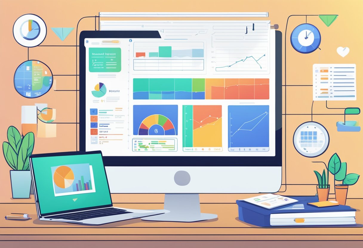 A laptop displaying a virtual meeting with health and benefits coordinators. Charts and graphs on the screen show data analysis. A calendar and planner sit on the desk