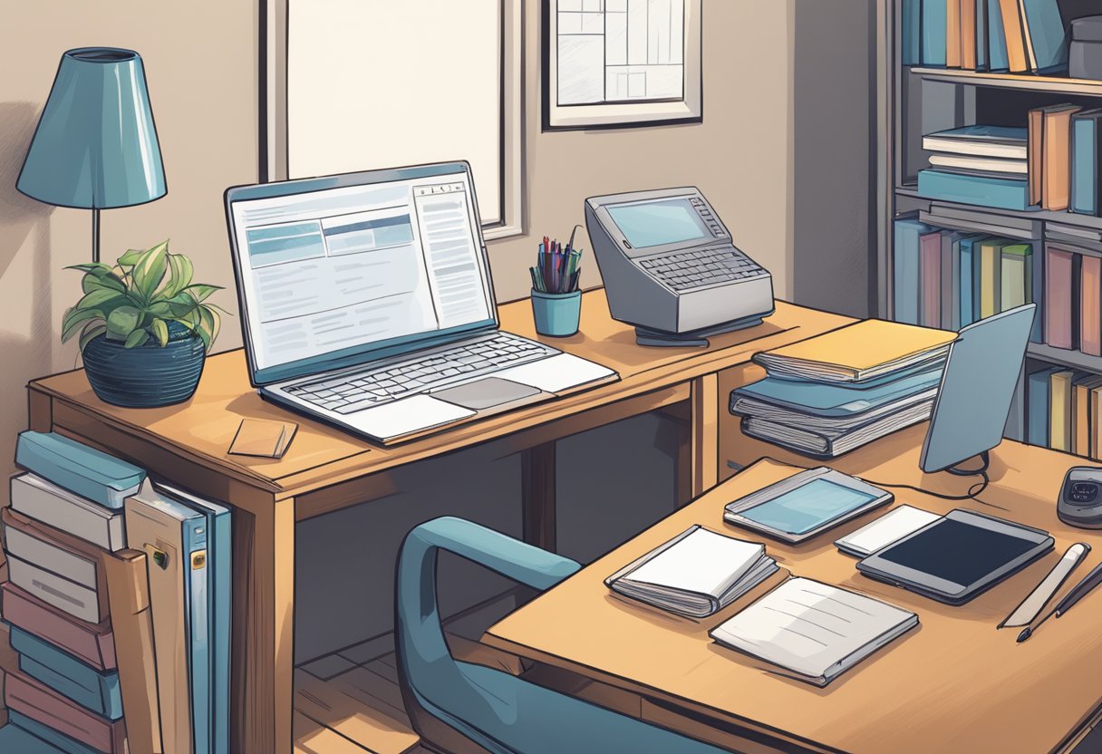 A desk with a computer, phone, and various tech devices. A stack of business books and a list of remote job titles