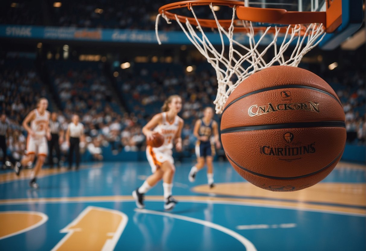 A basketball soaring through the air towards a hoop, with the name "Carly Skjodt" emblazoned on the back of the jersey