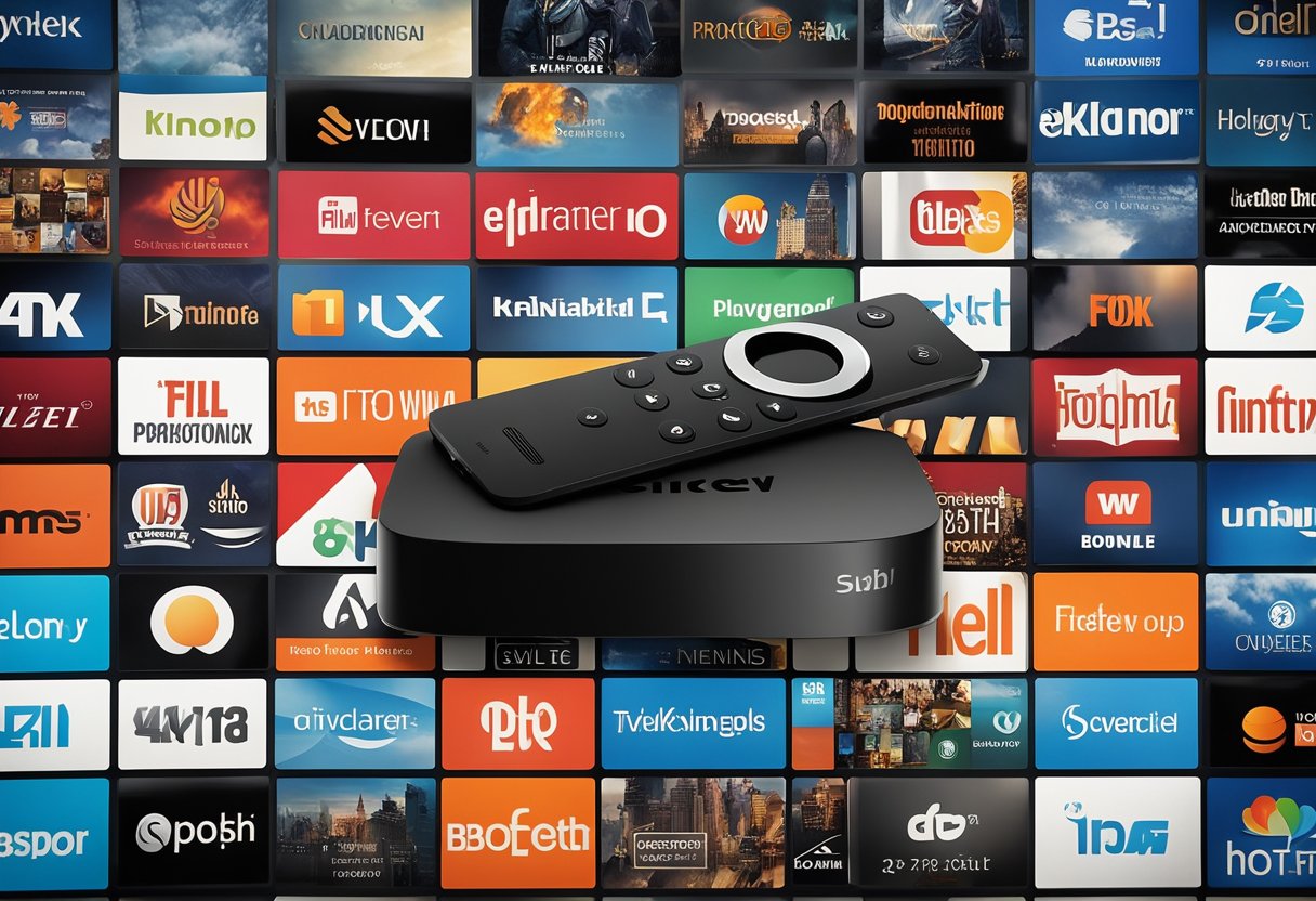 A Fire TV Stick surrounded by various subscription service logos