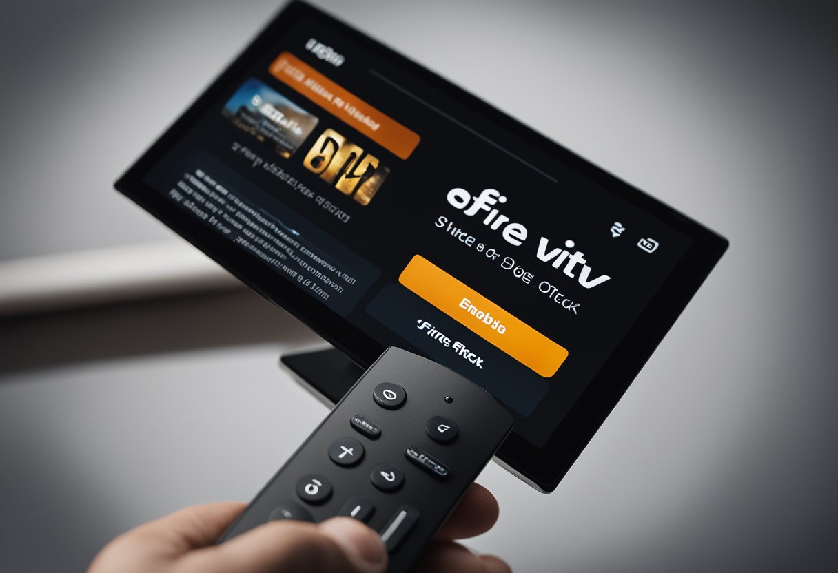 A hand holding a Fire TV Stick with a subscription notice displayed on the screen