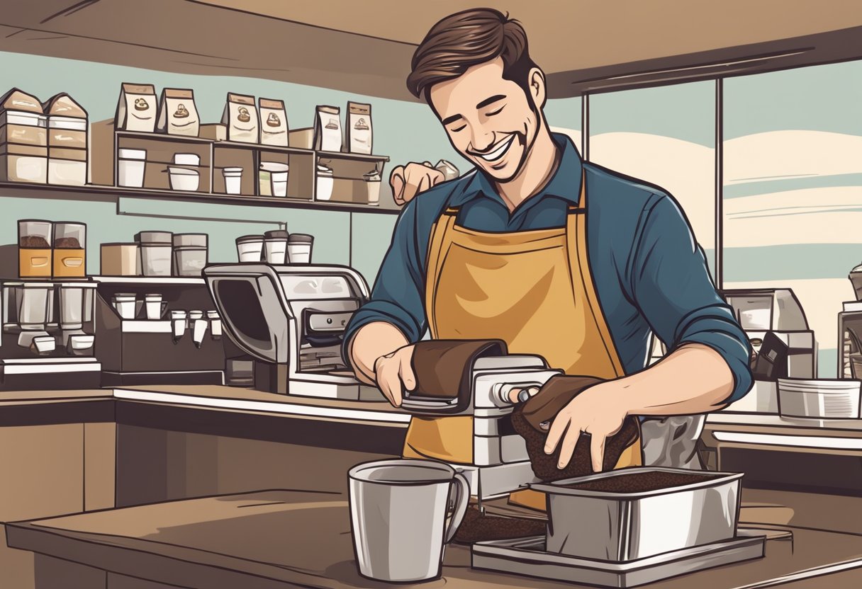 A barista hands over a bag of used coffee grounds with a smile. A customer eagerly accepts the bag, ready to repurpose the grounds