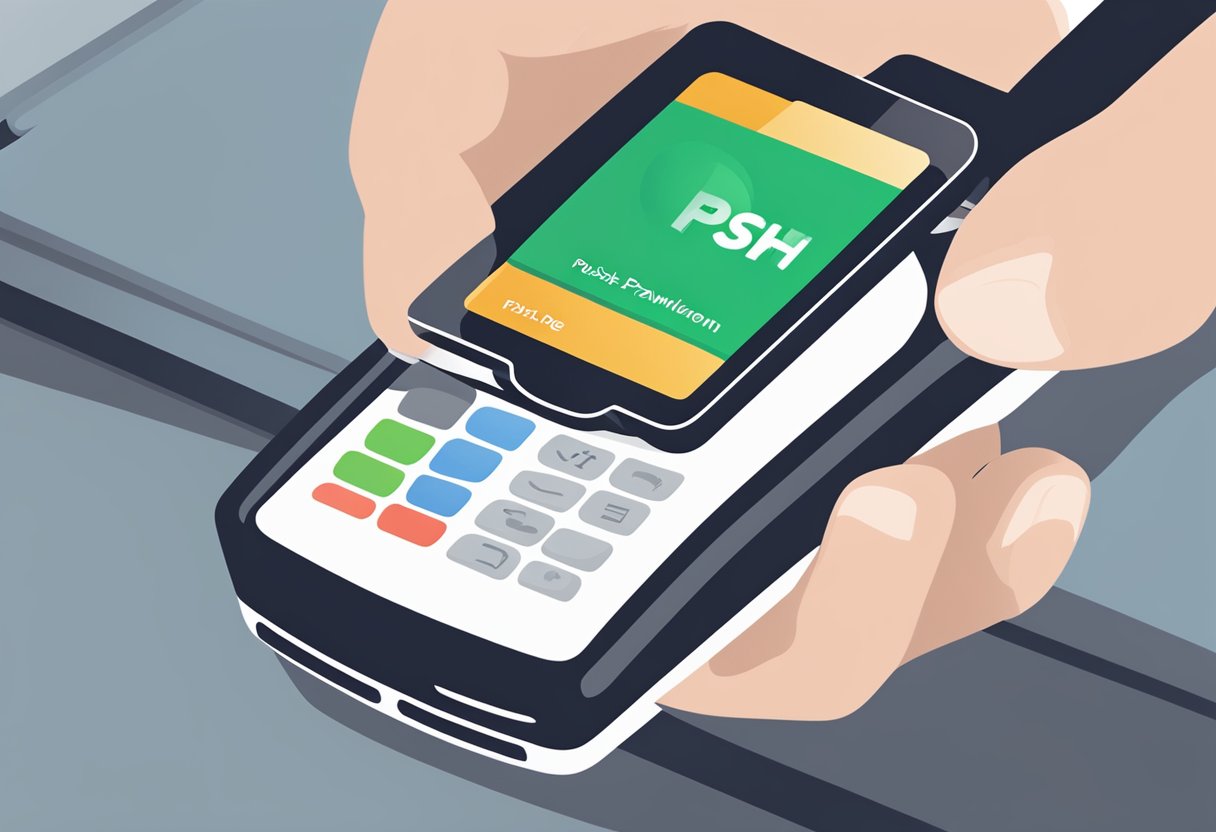 A hand swipes a mobile device to make a push payment. The screen displays a transaction confirmation with the Push Payment Solutions logo