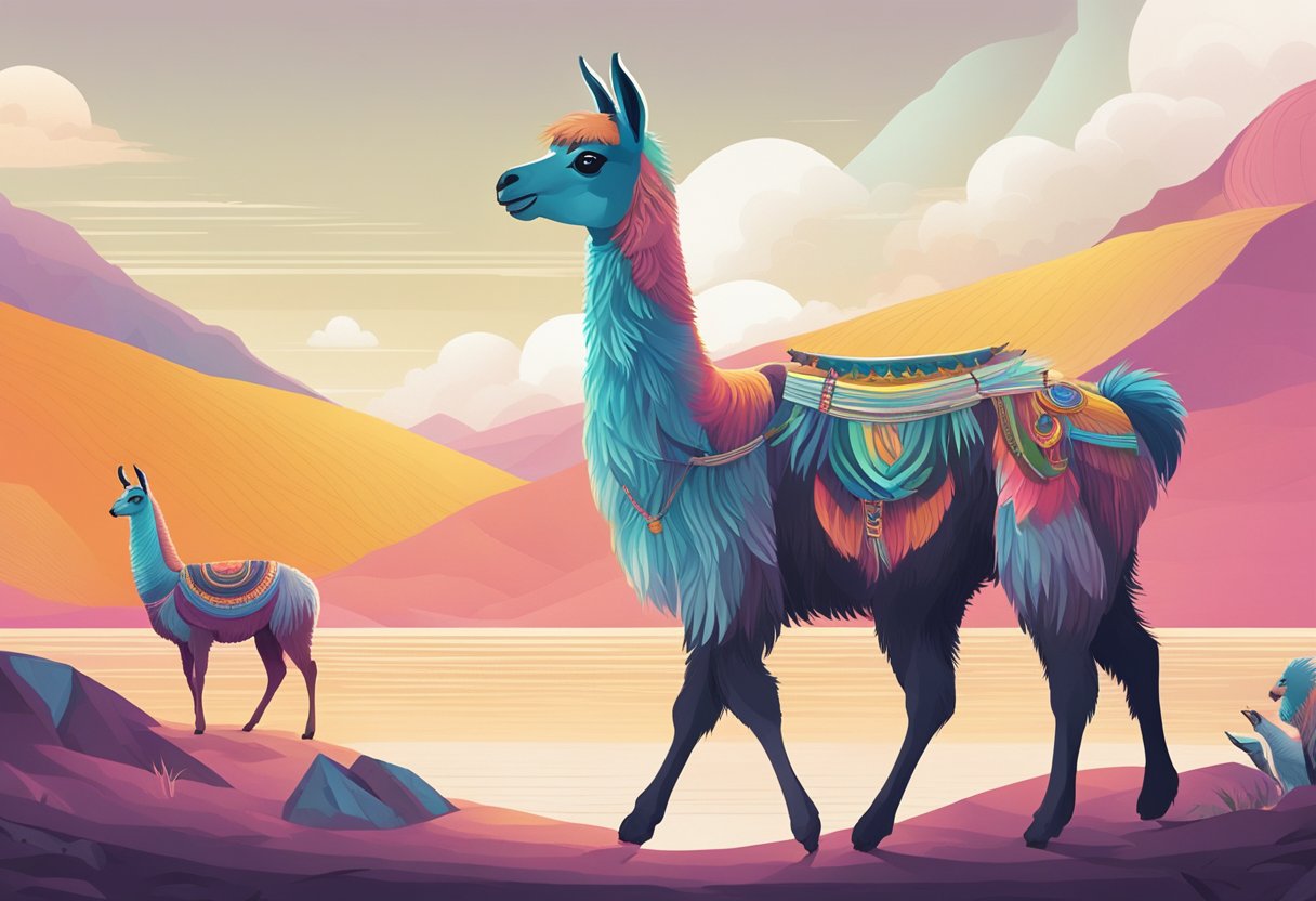 Two animals face off: a llama and ChatGPT. Llama stands tall, while ChatGPT emits digital waves. Background shows various use cases