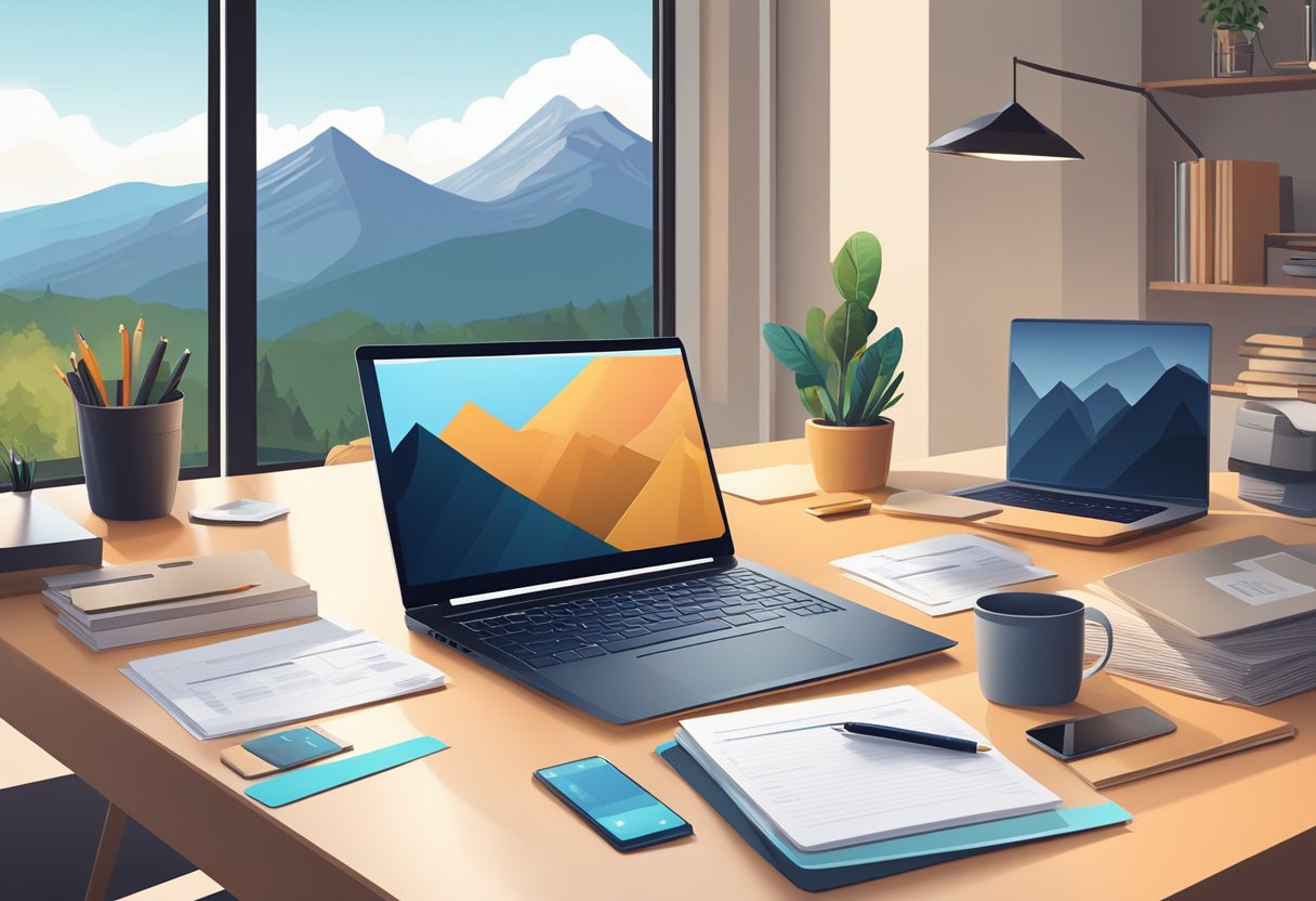 A laptop on a sleek desk with a mountain view, surrounded by a cozy home office setup. A stack of contracts and a calculator sit next to the laptop, symbolizing high-paying remote jobs