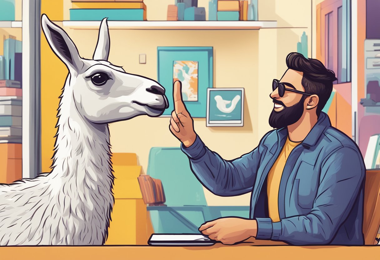 A llama and a ChatGPT engaged in a friendly conversation, showcasing their accessibility and licensing features in a vibrant, modern setting
