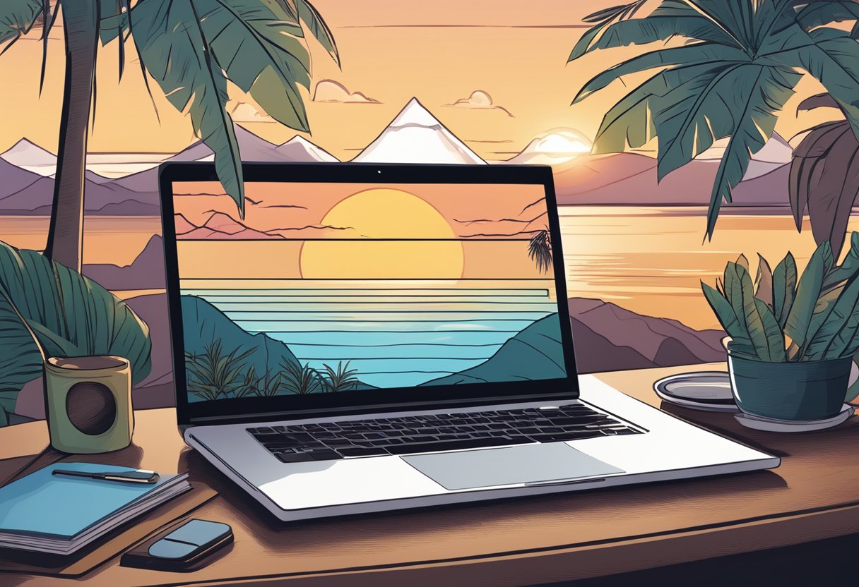 A laptop surrounded by tropical scenery, mountains, and a beach with a sunset, symbolizing high-paying remote jobs with six-figure potential