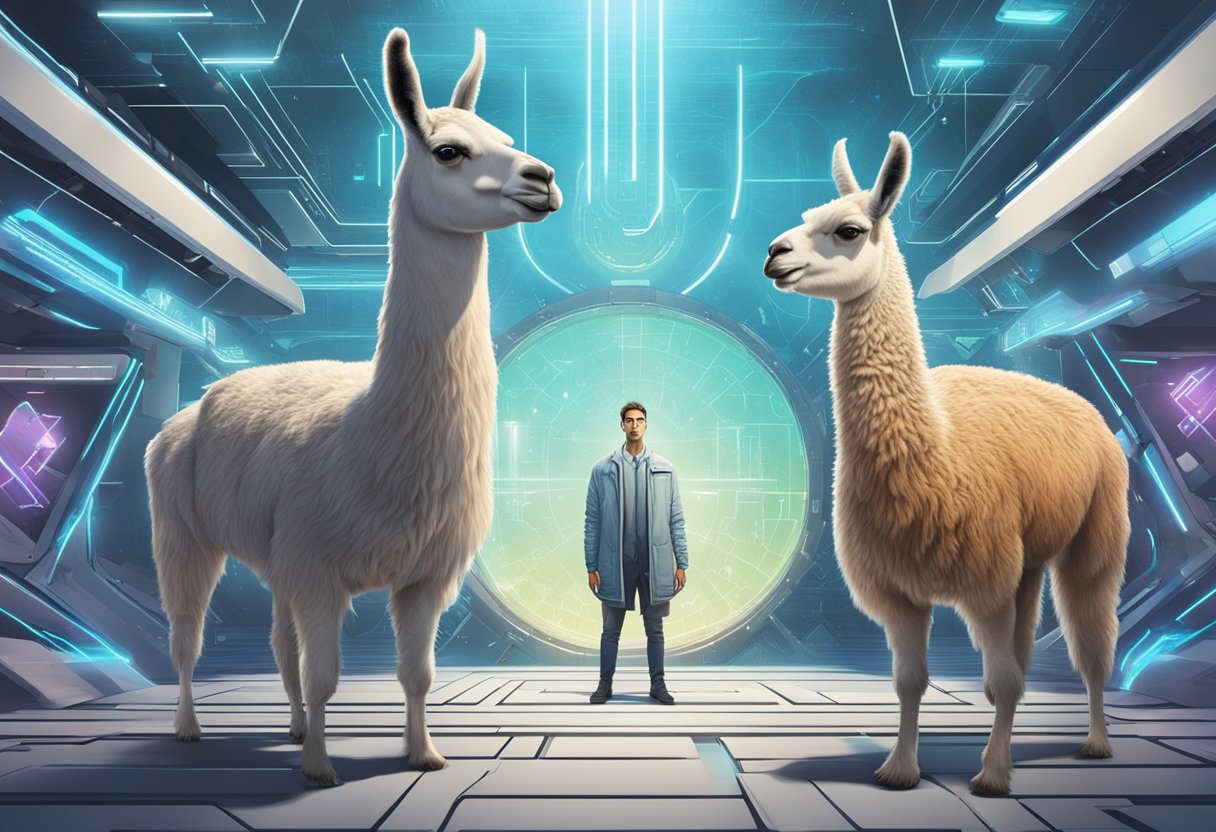 A llama and ChatGPT face off in a futuristic setting, surrounded by advanced technology and ethical symbols