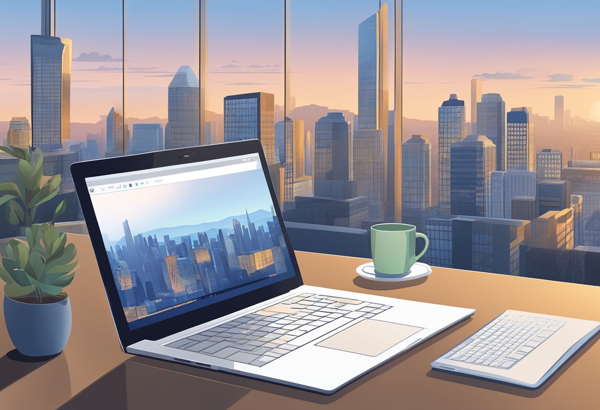 A laptop on a sleek desk with a view of a city skyline, surrounded by job postings for remote, high-paying contract positions