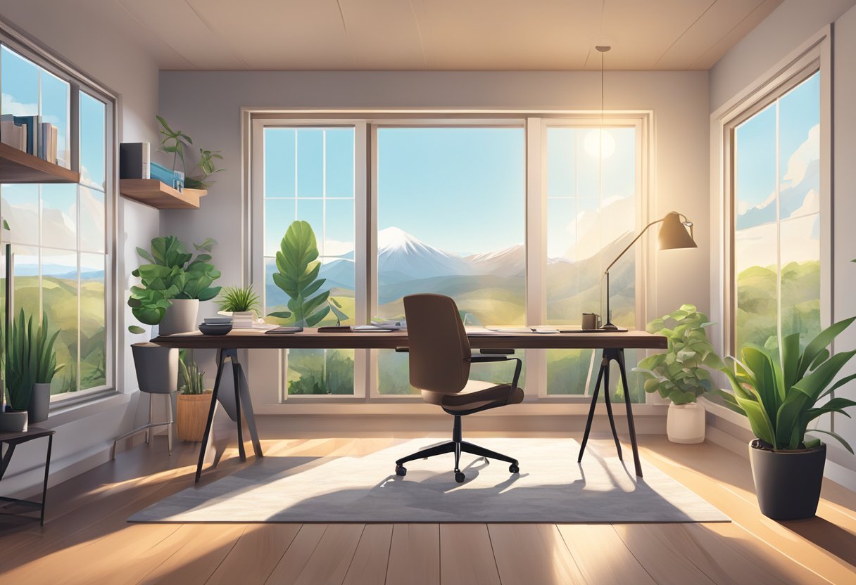 A cozy home office with modern decor, a laptop, and a view of a serene natural landscape