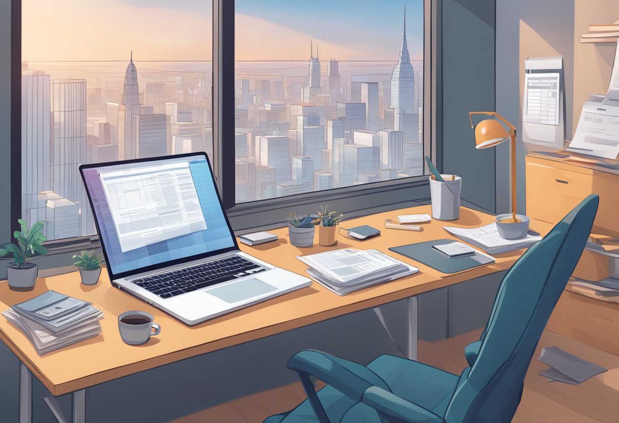 A laptop surrounded by stacks of contracts and invoices, with a calendar displaying multiple deadlines. A remote work setup with a comfortable chair and a view of the city skyline