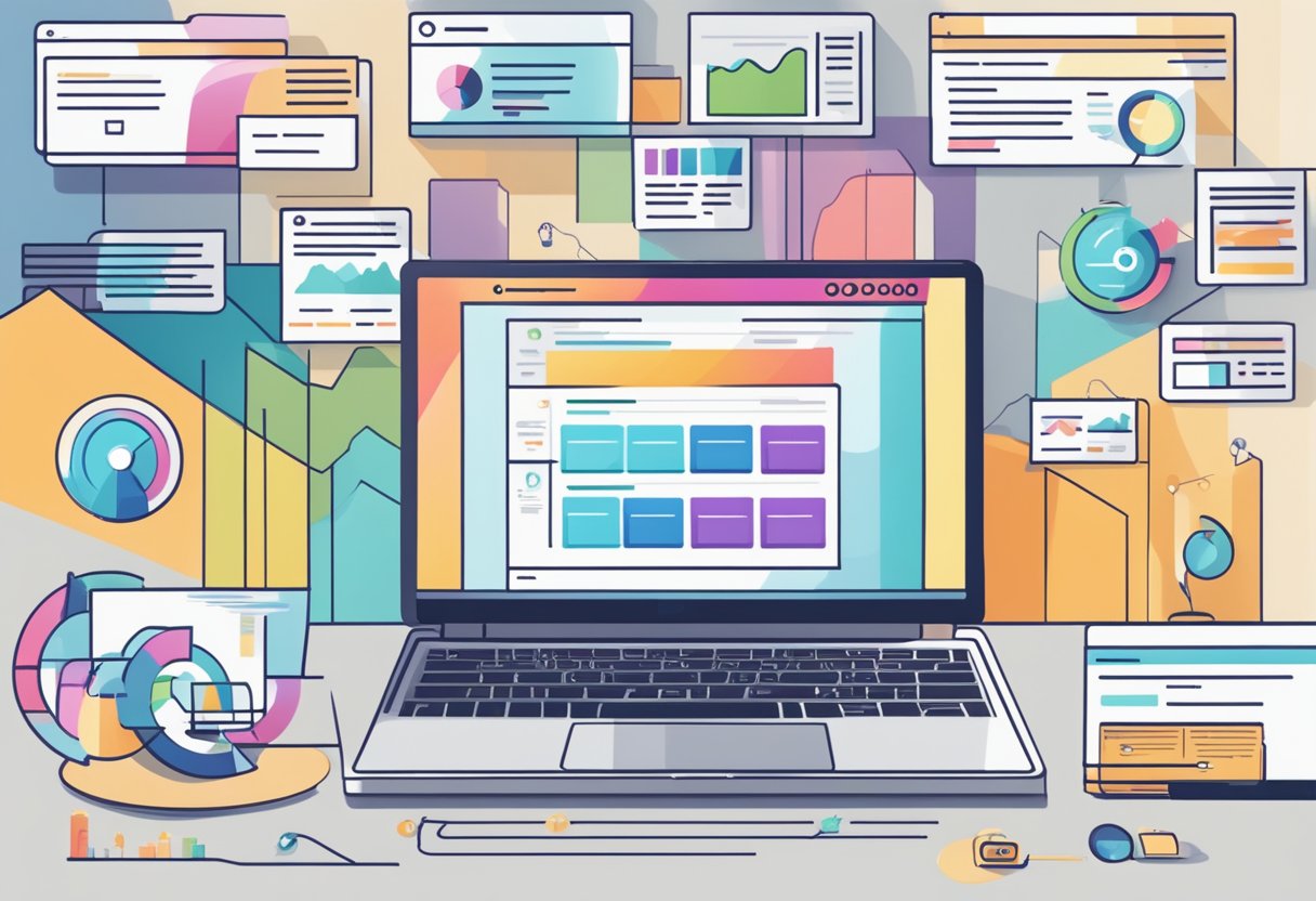 A laptop displaying job search websites with remote, high-paying contract roles. Graphs show six-figure earnings