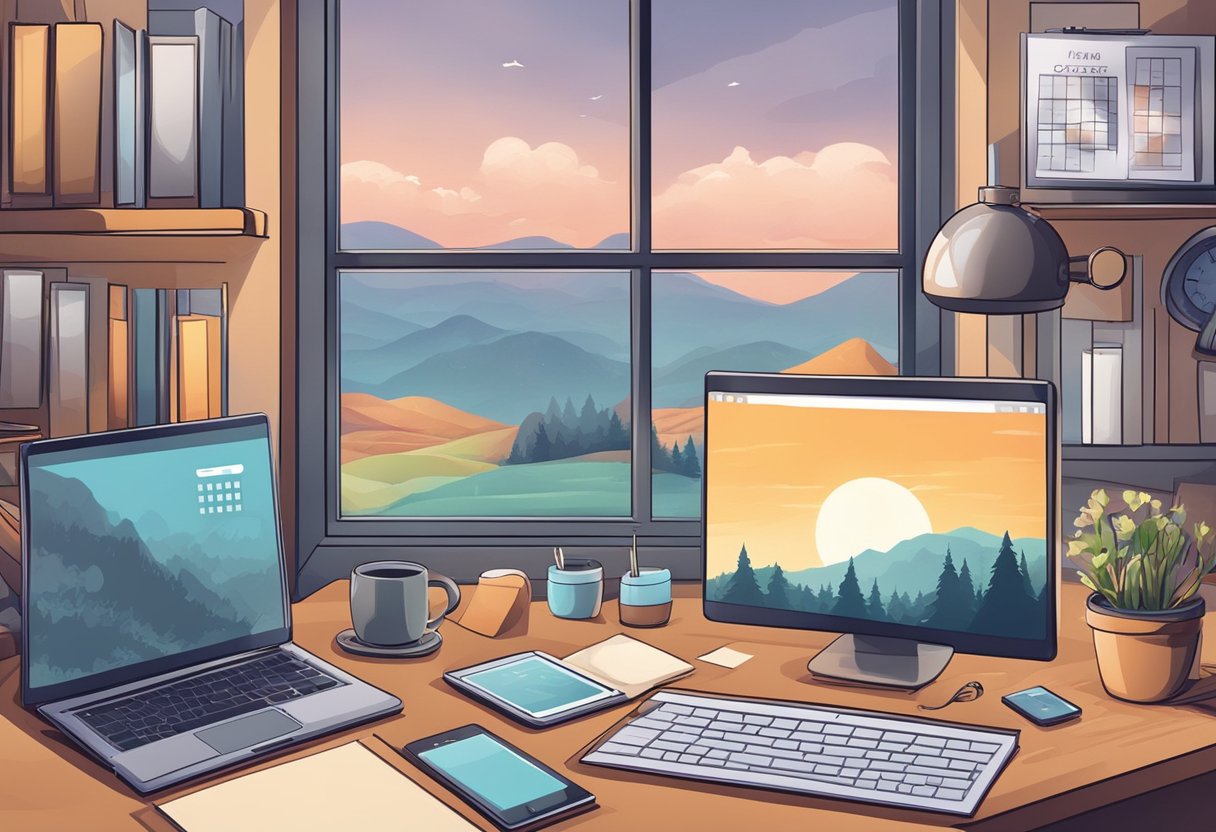 A cluttered desk with a laptop, phone, and tablet. A calendar with deadlines. A cozy home office with a view