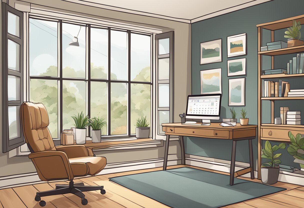 A cozy home office with a laptop, coffee mug, and a comfortable chair. A calendar on the wall shows deadlines and a window lets in natural light