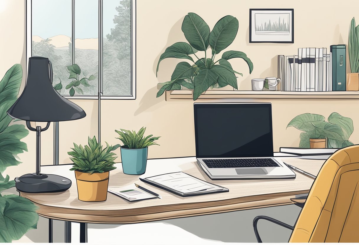 A laptop on a desk with a comfortable chair, surrounded by a home office setup including a plant, a notepad, and a cup of coffee