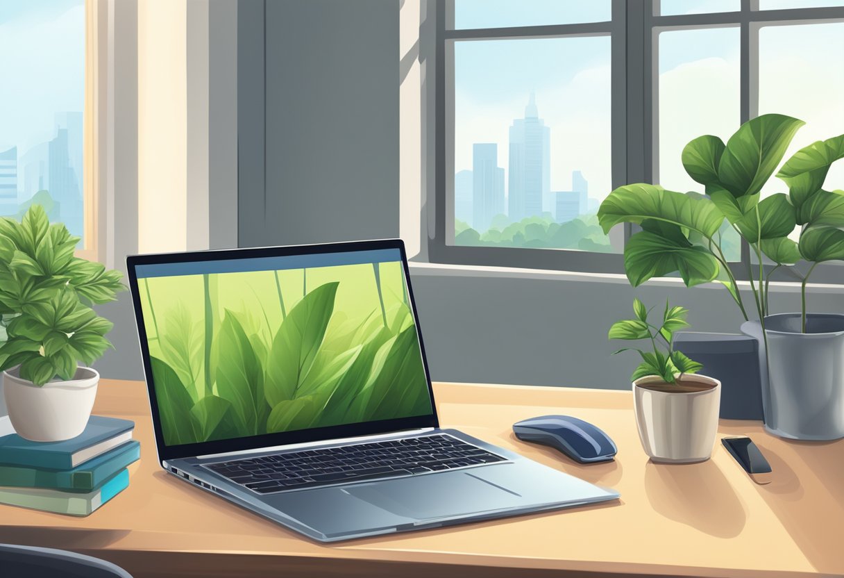 A laptop on a desk with a comfortable chair, a phone, and a notepad. A window with natural light and a plant on the windowsill