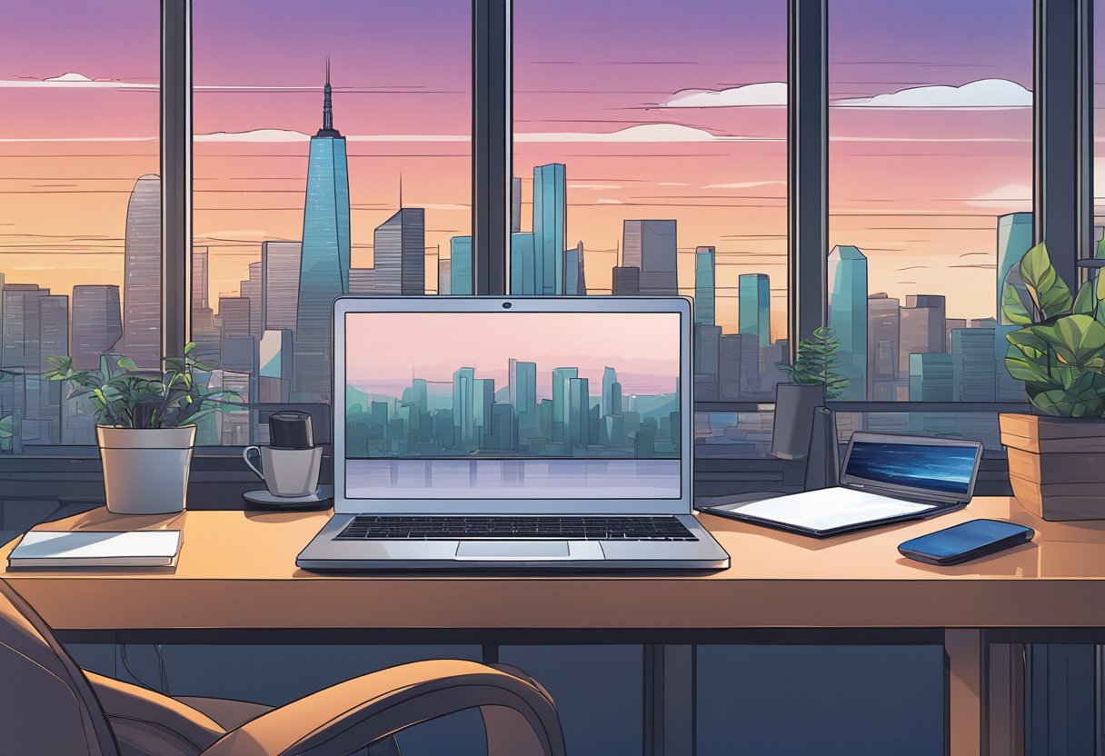 A laptop on a desk with a view of a city skyline in the background, showcasing a remote work setup in the technology industry