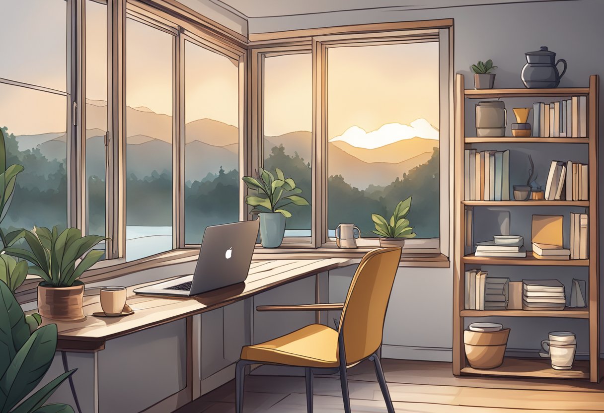 A cozy home office with a laptop, notebook, and coffee mug. A view of a serene outdoor setting through a window