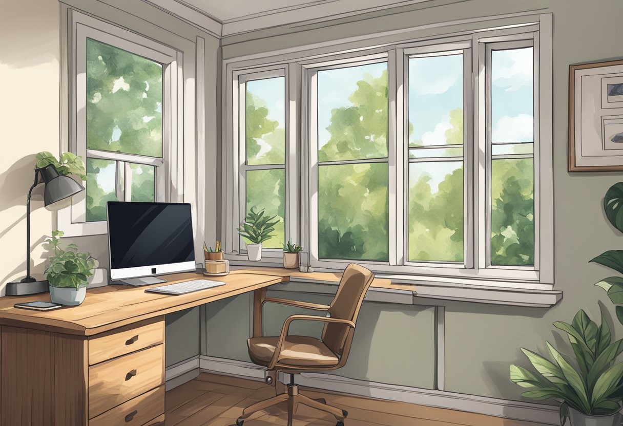 A desk with a laptop, phone, and paperwork. A cozy home office setup with a view of nature outside the window