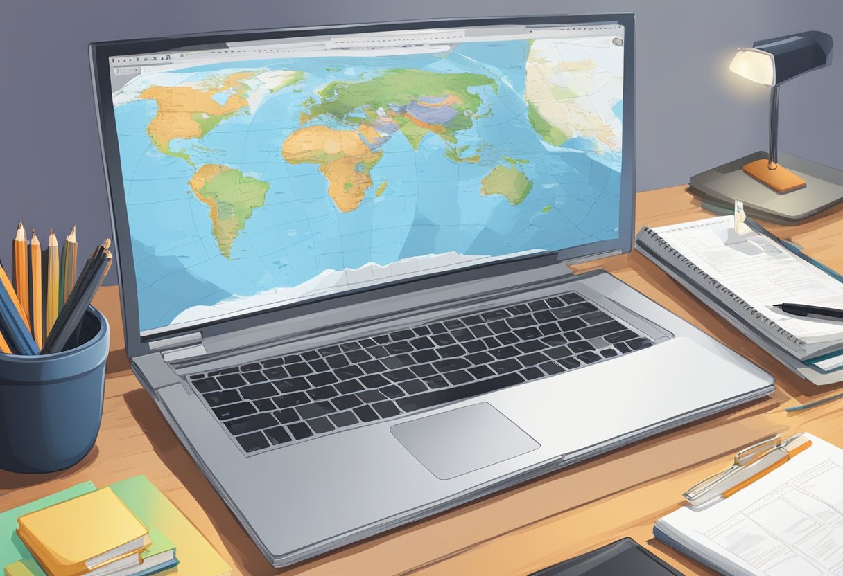 A laptop on a desk with a stack of books, a notepad, and a pen. A bulletin board with job listings and a world map on the wall