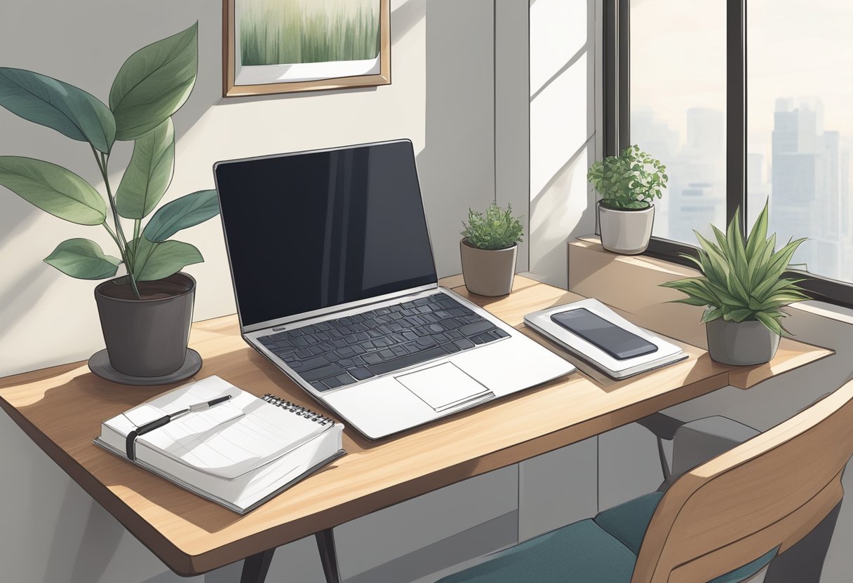 A laptop on a desk with a comfortable chair, a plant, and a window with natural light. A calendar and notepad with a pen are nearby