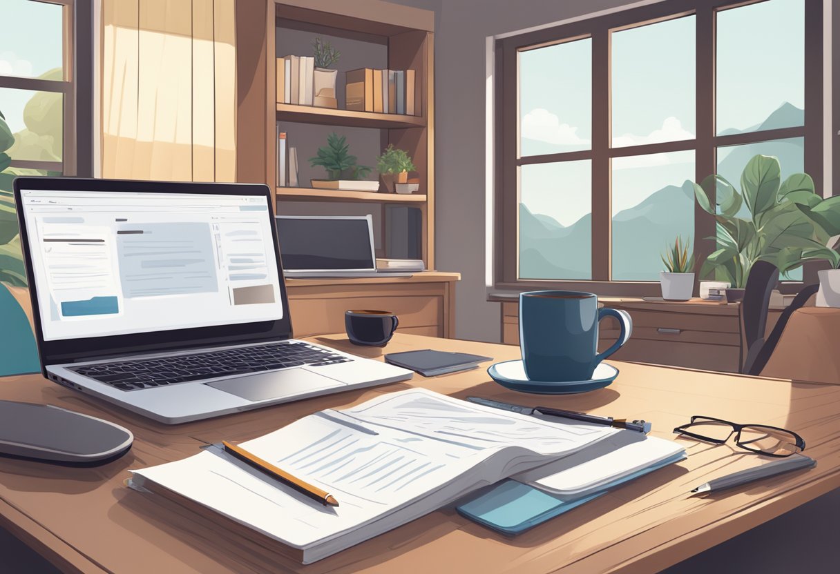 A laptop open on a desk, surrounded by a cozy home office setup with a comfortable chair, a mug of coffee, and a notepad with a list of potential remote job opportunities