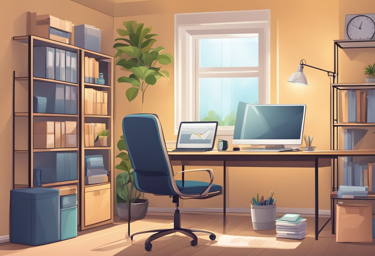 A desk with a laptop, phone, and notebook. A comfortable chair and good lighting. A calendar and to-do list on the wall. A quiet, organized space for remote work