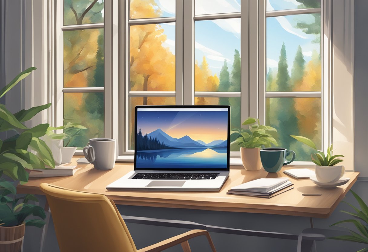 A cozy home office with a laptop, a mug of coffee, and a view of a serene natural landscape through a large window